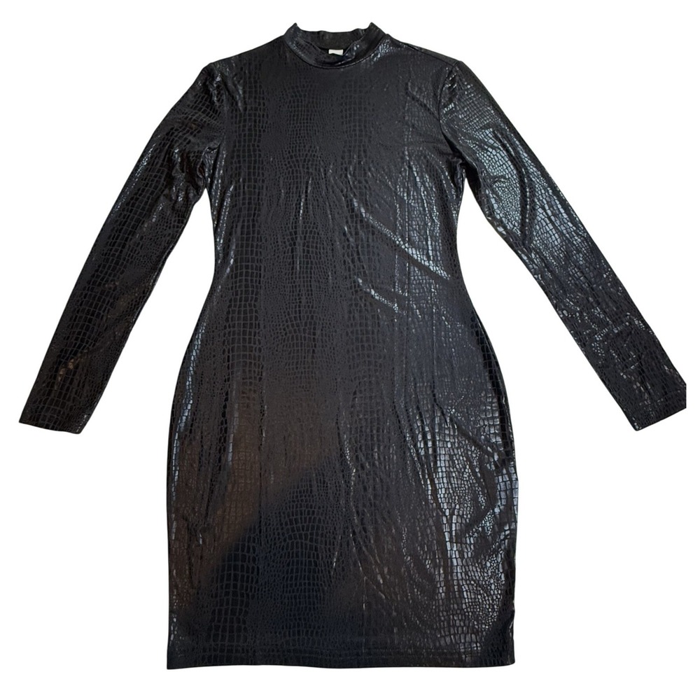 Black Croc Embossed Faux Leather Mock Neck Long Sleeve Bodycon Mini Dress Small